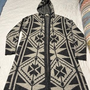 Long hooded aztec sweater